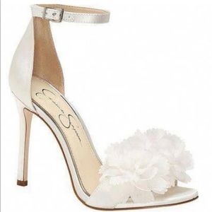 All White satin heels with flower detail